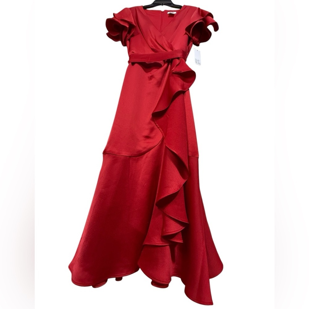 Women's V neck Ruffle Front Red Satin Crepe belted Gown 
Size 8 - Picture 2 of 11